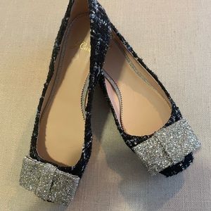 J Crew womens navy and silver tweed flats with silver/glitter bow